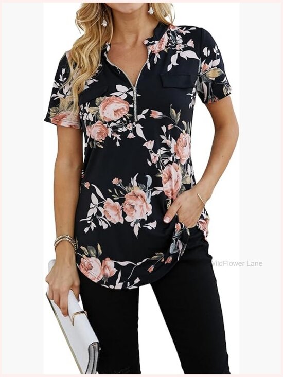 Tops - Womens Short Sleeve Zip Floral Tunic Blouse Casual Summer Top